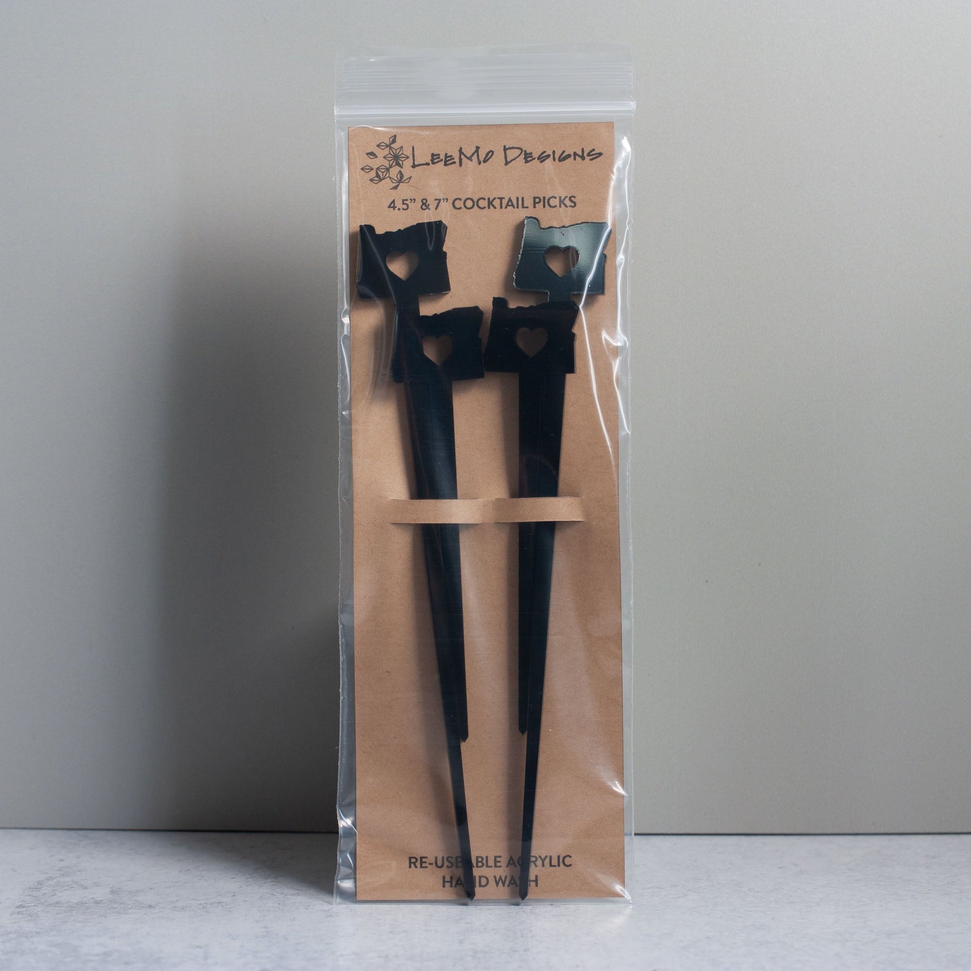 Cocktail Picks - Oregon Love Set of 4 - black laser cut acrylic - by LeeMo Designs in Bend, Oregon