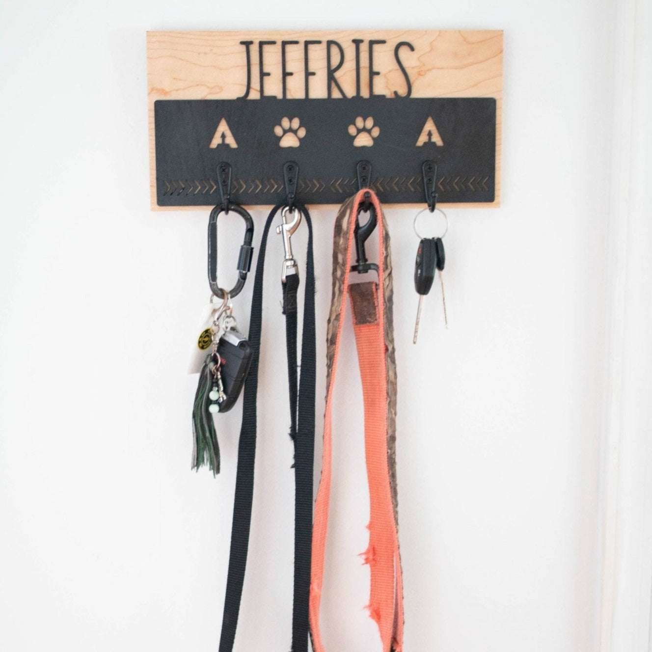 Personalized Key & Leash Holder - Laser Cut Wood with custom initials and name mounted on hardwood - by LeeMo Designs in Bend, Oregon