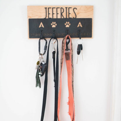 Personalized Key & Leash Holder - Laser Cut Wood with custom initials and name mounted on hardwood - by LeeMo Designs in Bend, Oregon