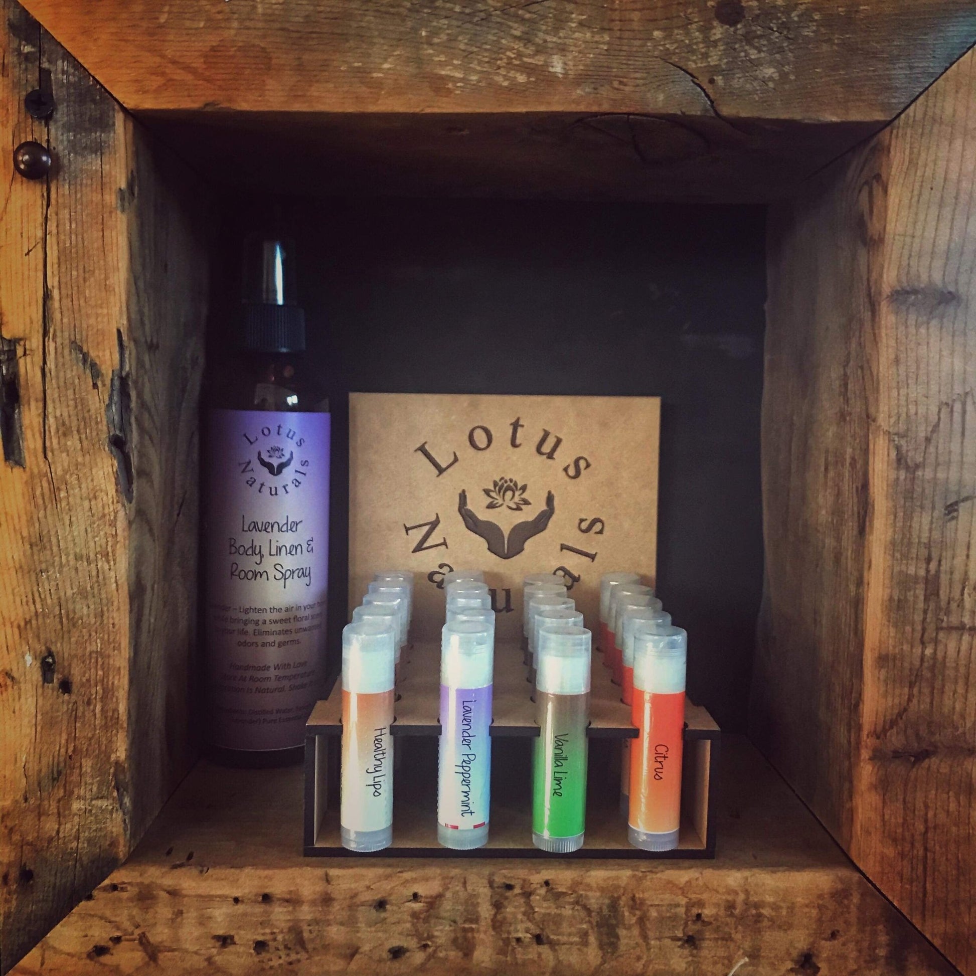 Custom Lip Balm Display Boxes - 20 Lip Balms - Lotus Naturals with all balms filling display by LeeMo Designs in Bend, Oregon