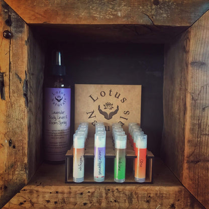 Custom Lip Balm Display Boxes - 20 Lip Balms - Lotus Naturals with all balms filling display by LeeMo Designs in Bend, Oregon