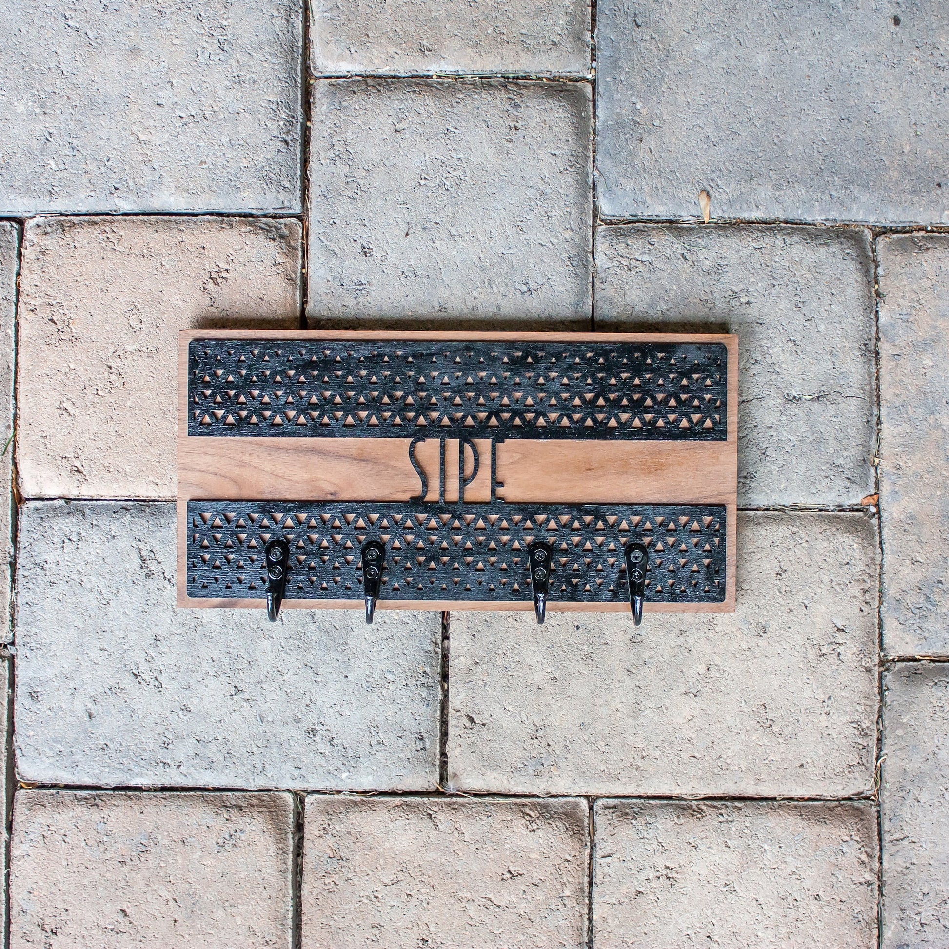 Personalized Key Holder - Laser Cut Wood with geometric triangle design and name mounted on hardwood - by LeeMo Designs in Bend, Oregon