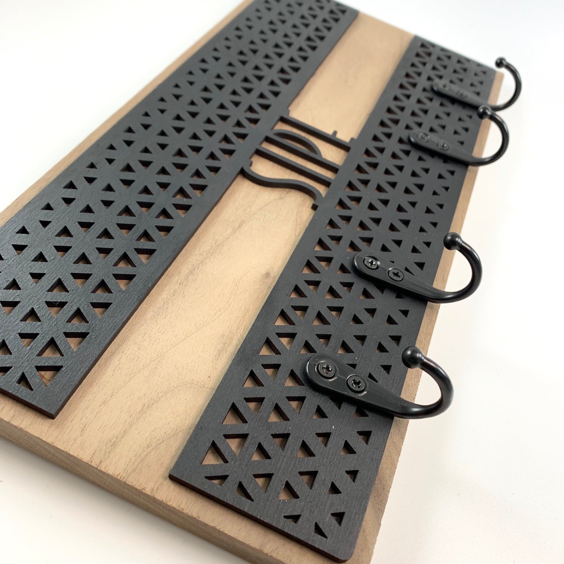 Personalized Key Holder - Laser Cut Wood with geometric triangle design and name mounted on hardwood - by LeeMo Designs in Bend, Oregon