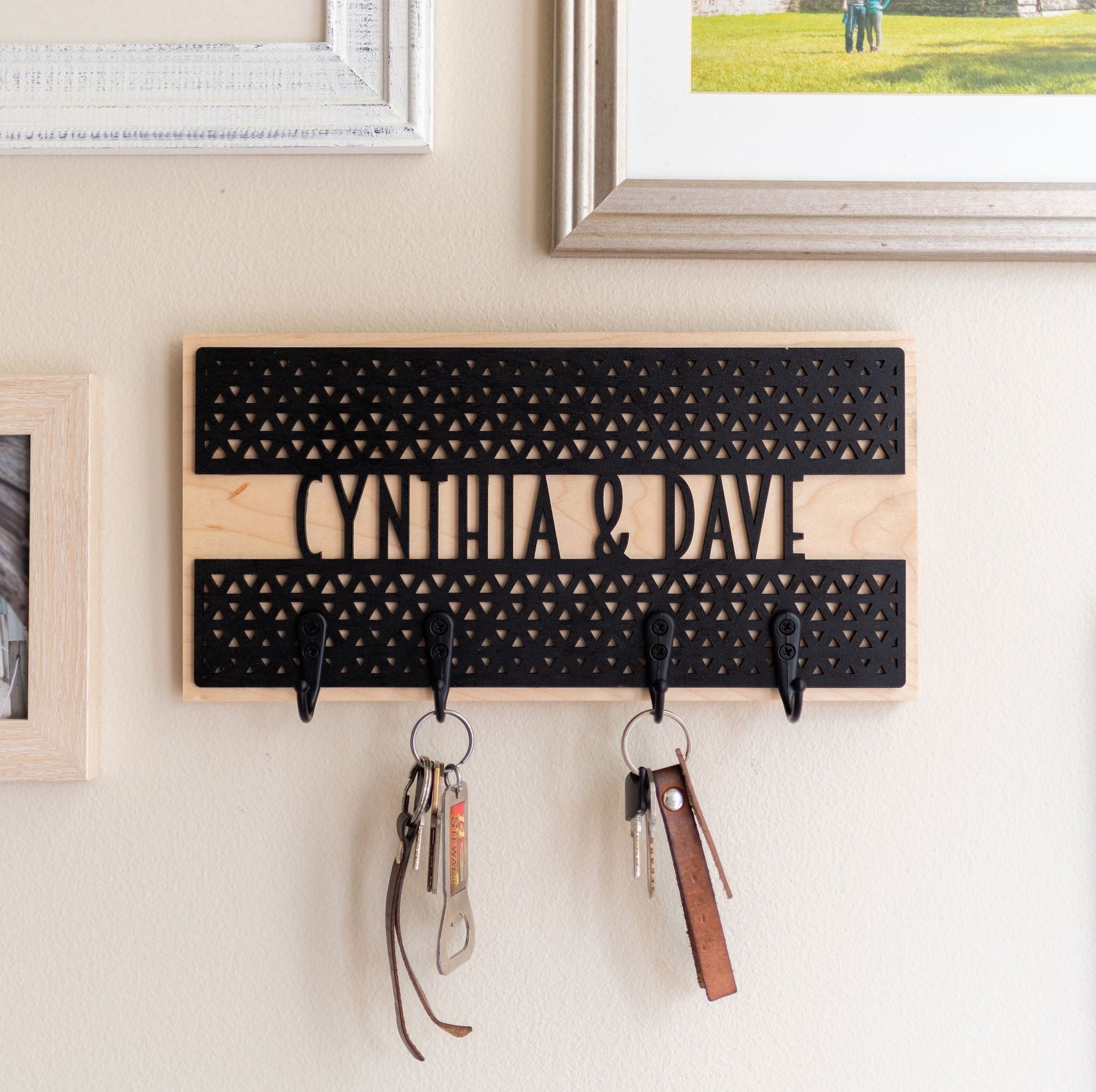 Personalized Key Holder - Laser Cut Wood with geometric triangle design and name mounted on hardwood - by LeeMo Designs in Bend, Oregon