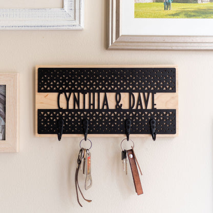 Personalized Key Holder - Laser Cut Wood with geometric triangle design and name mounted on hardwood - by LeeMo Designs in Bend, Oregon