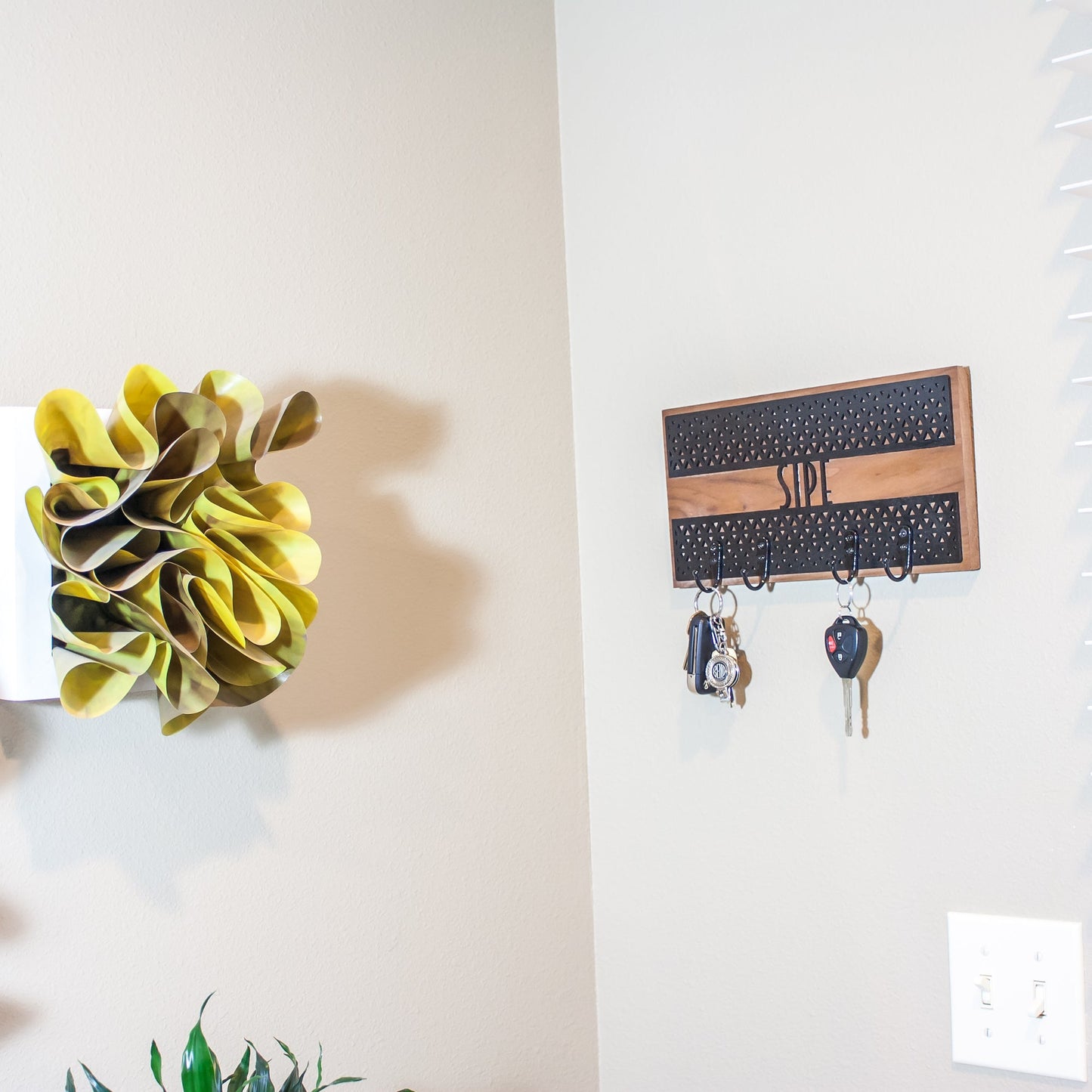 Personalized Key Holder - Laser Cut Wood with geometric triangle design and name mounted on hardwood - by LeeMo Designs in Bend, Oregon