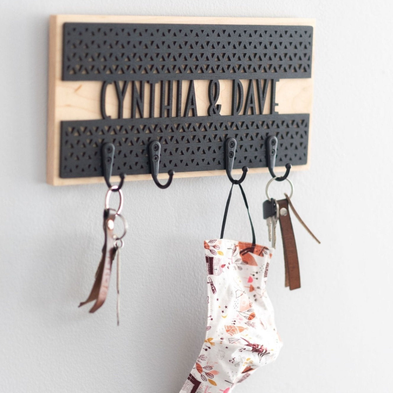 Personalized Key Holder - Laser Cut Wood with geometric triangle design and name mounted on hardwood - by LeeMo Designs in Bend, Oregon