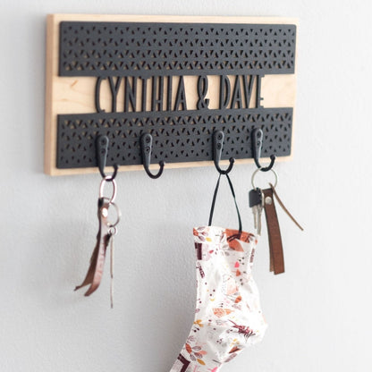 Personalized Key Holder - Laser Cut Wood with geometric triangle design and name mounted on hardwood - by LeeMo Designs in Bend, Oregon