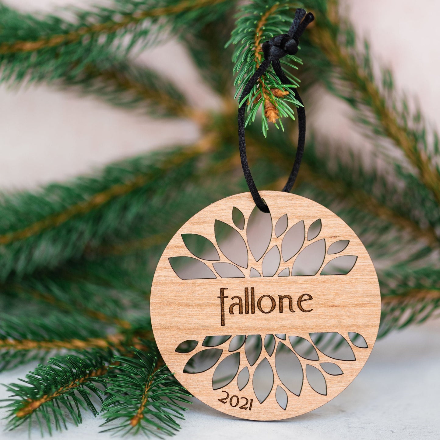 Custom Wood Ornaments: Flower Design - Laser Cut and Laser Engraved Cherry Wood by LeeMo Designs in Bend, Oregon