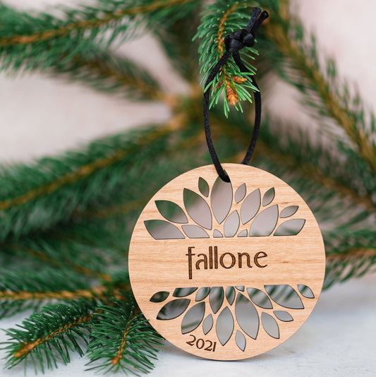 Custom Wood Ornaments: Flower Design - Laser Cut and Laser Engraved Cherry Wood by LeeMo Designs in Bend, Oregon