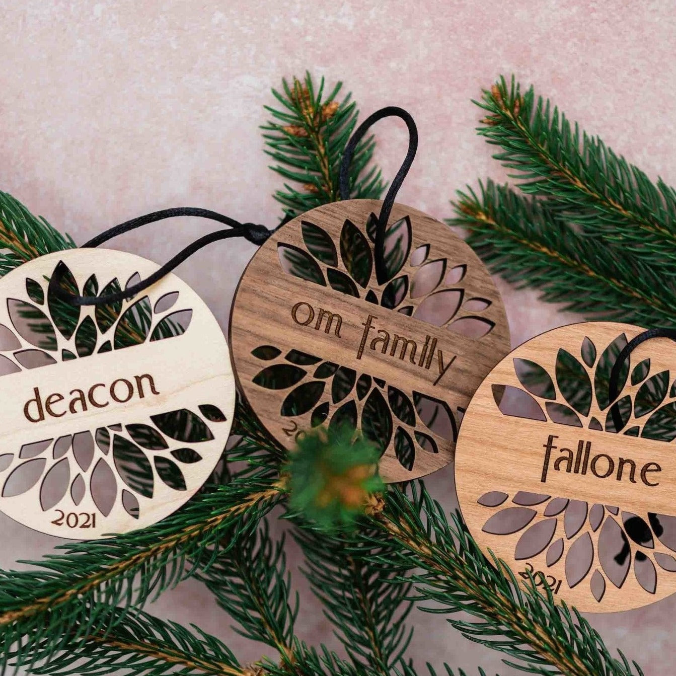 Custom Wood Ornaments: Flower Design - Laser Cut and Laser Engraved Wood by LeeMo Designs in Bend, Oregon