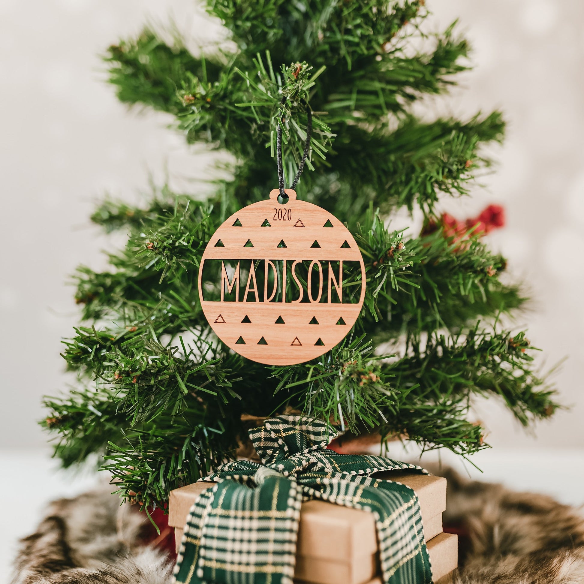 Custom Wood Ornaments: Triangle Design - Laser Cut and Laser Engraved Cherry Wood by LeeMo Designs in Bend, Oregon