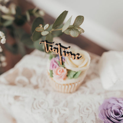 Personalized Text Wooden Cupcake Toppers - cherry wood teatime - Laser Cut by LeeMo Designs