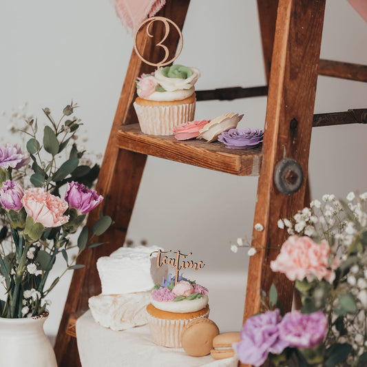 Personalized Text Wooden Cupcake Toppers - cherry wood teatime and 3 - Laser Cut by LeeMo Designs