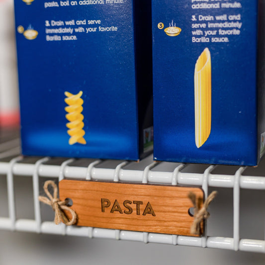 Tie-On Labels for Closet Organization - Cherry Wood Pasta clean font on ventilated wire shelving - by LeeMo Designs in Bend, Oregon