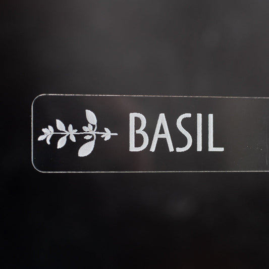 Herb Garden Marker Laser Cut Clear Acrylic Basil Image Icon by LeeMo Designs in Bend, OR