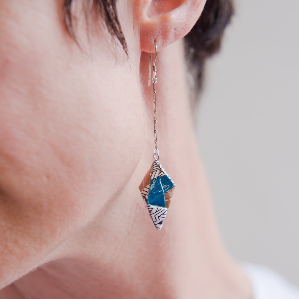 Origami Diamond Paper Earrings - Tribal Copper and Teal - By LeeMo Designs in Bend, Oregon