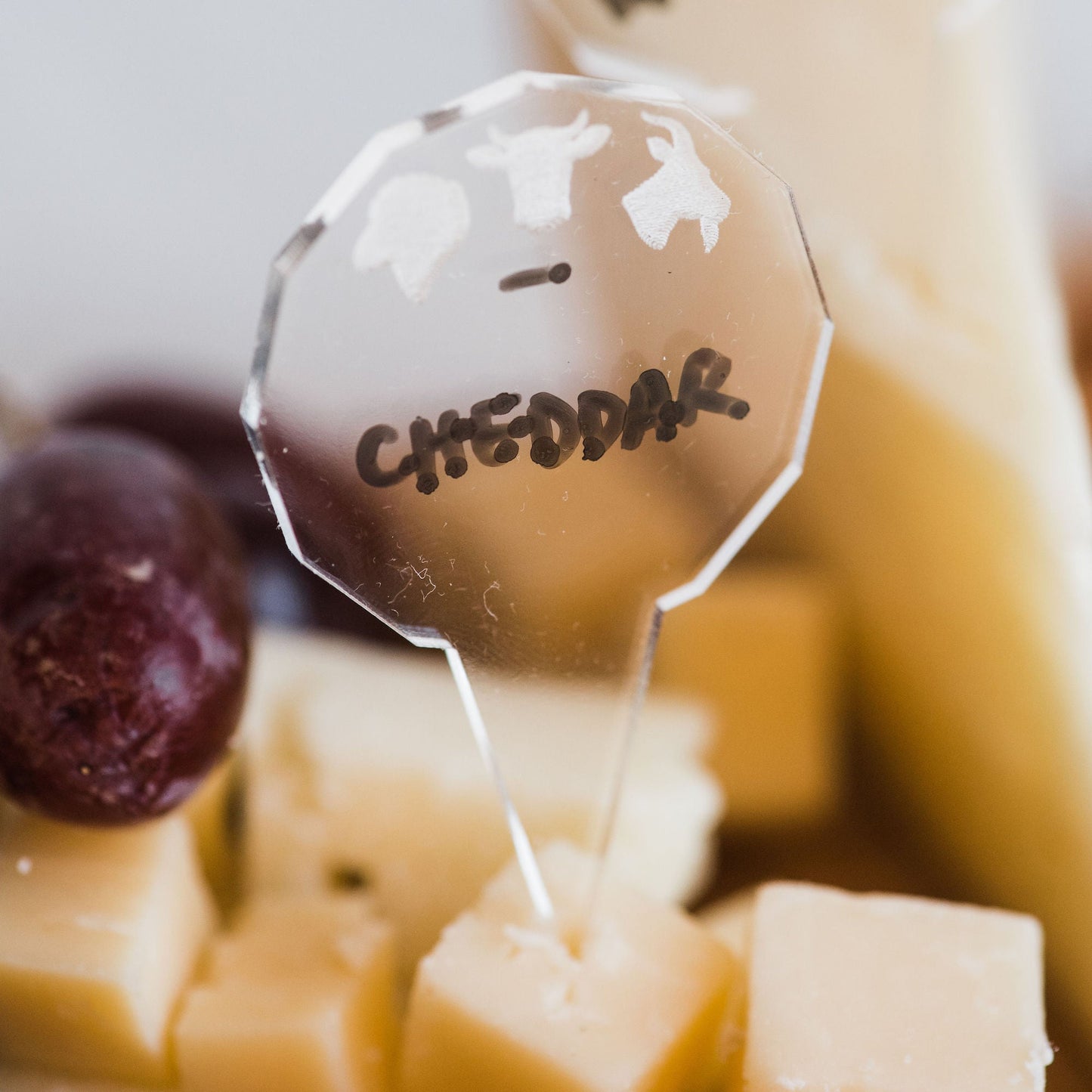 Dry-Erase Cheese labels - laser cut clear acrylic with animal heads - by LeeMo Designs in Bend, Oregon