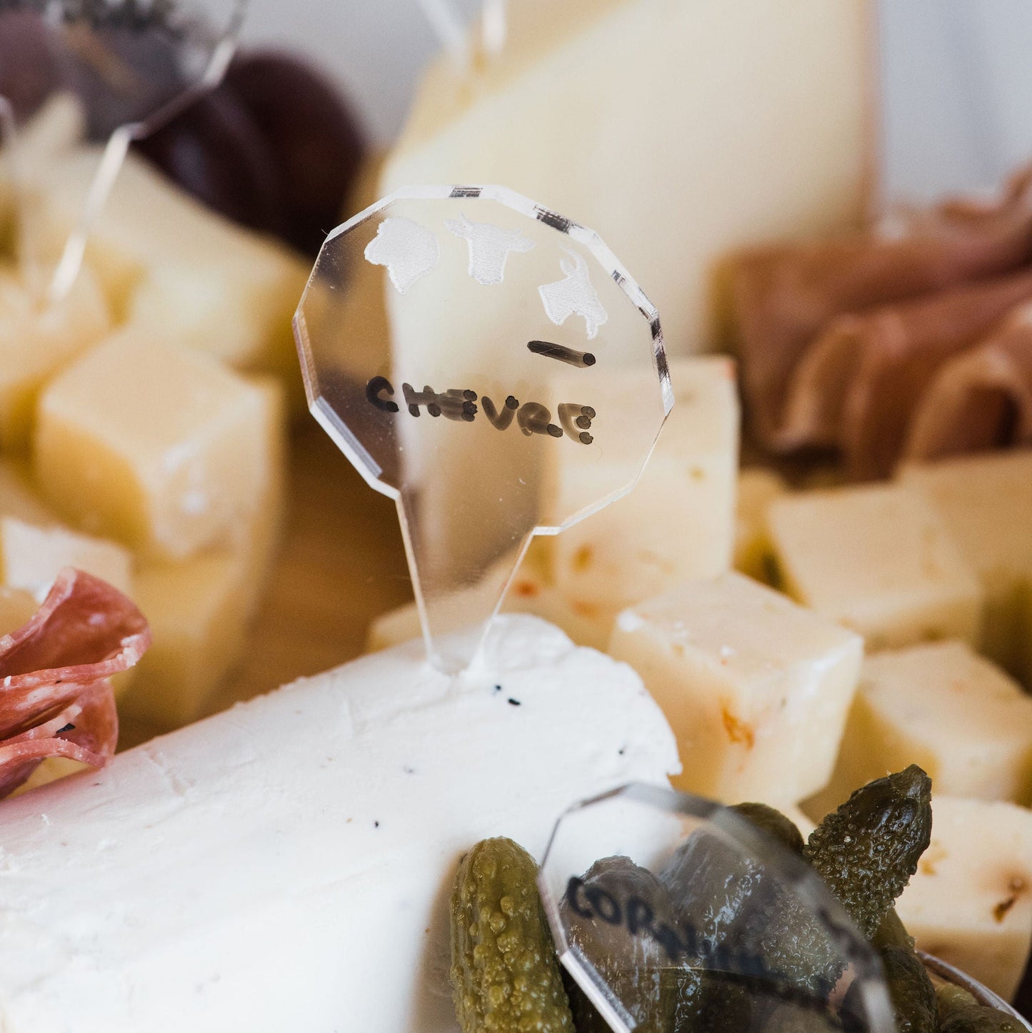 Dry-Erase Cheese labels - laser cut clear acrylic with animal heads - by LeeMo Designs in Bend, Oregon